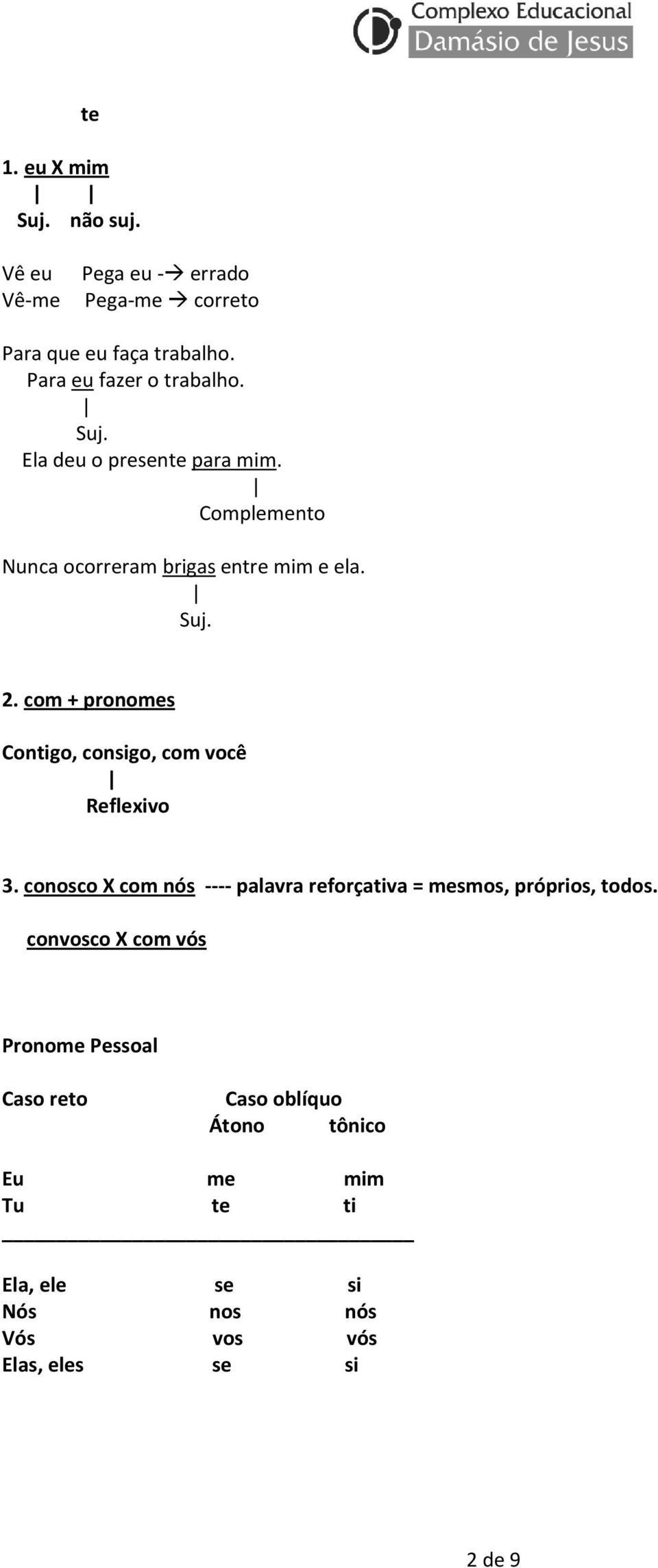 com + pronomes Contigo, consigo, com você Reflexivo 3. conosco X com nós ---- palavra reforçativa = mesmos, próprios, todos.