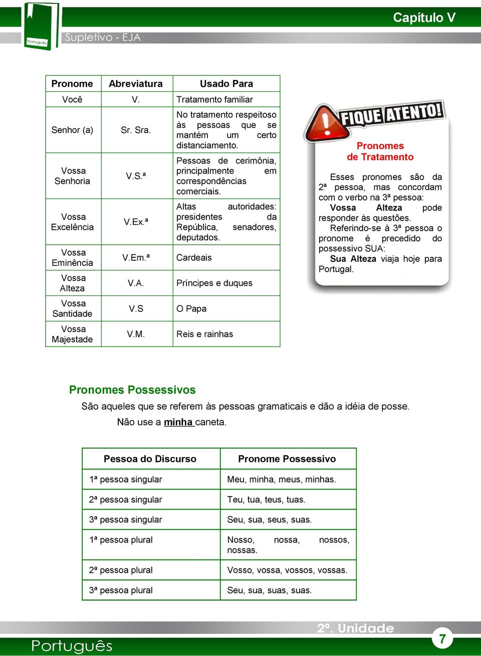 S O Papa Vossa Majestade V.M. Reis e rainhas Vossa Senhoria Pronomes de Tratamento Esses pronomes são da 2ª pessoa, mas concordam com o verbo na 3ª pessoa: Vossa Alteza pode responder às questões.