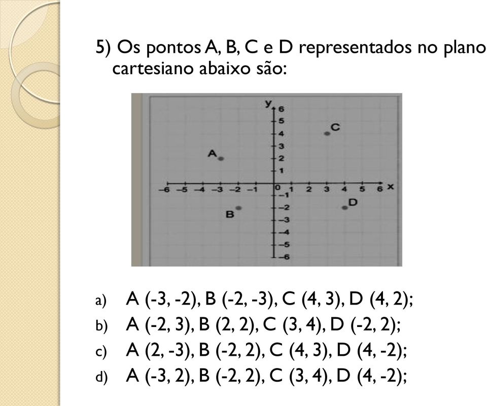 (-2, 3), B (2, 2), C (3, 4), D (-2, 2); c) A (2, -3), B (-2,