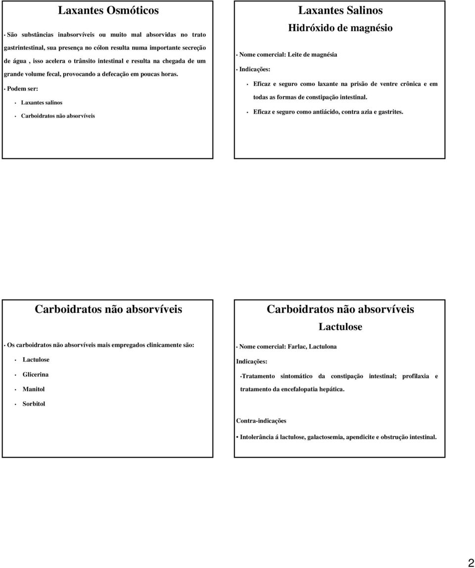 Podem ser: Laxantes salinos Carboidratos não absorví Nome comercial: Leite de magnésia Laxantes Salinos Hidróxido de magnésio Eficaz e seguro como laxante na prisão de ventre crônica e em todas as