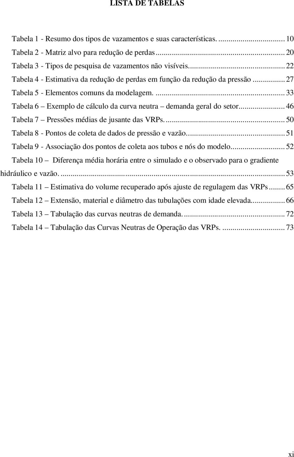 ... 46 Tabela 7 Pressões médias de jusante das VRPs.... 50 Tabela 8 - Pontos de coleta de dados de pressão e vazão.... 51 Tabela 9 - Associação dos pontos de coleta aos tubos e nós do modelo.