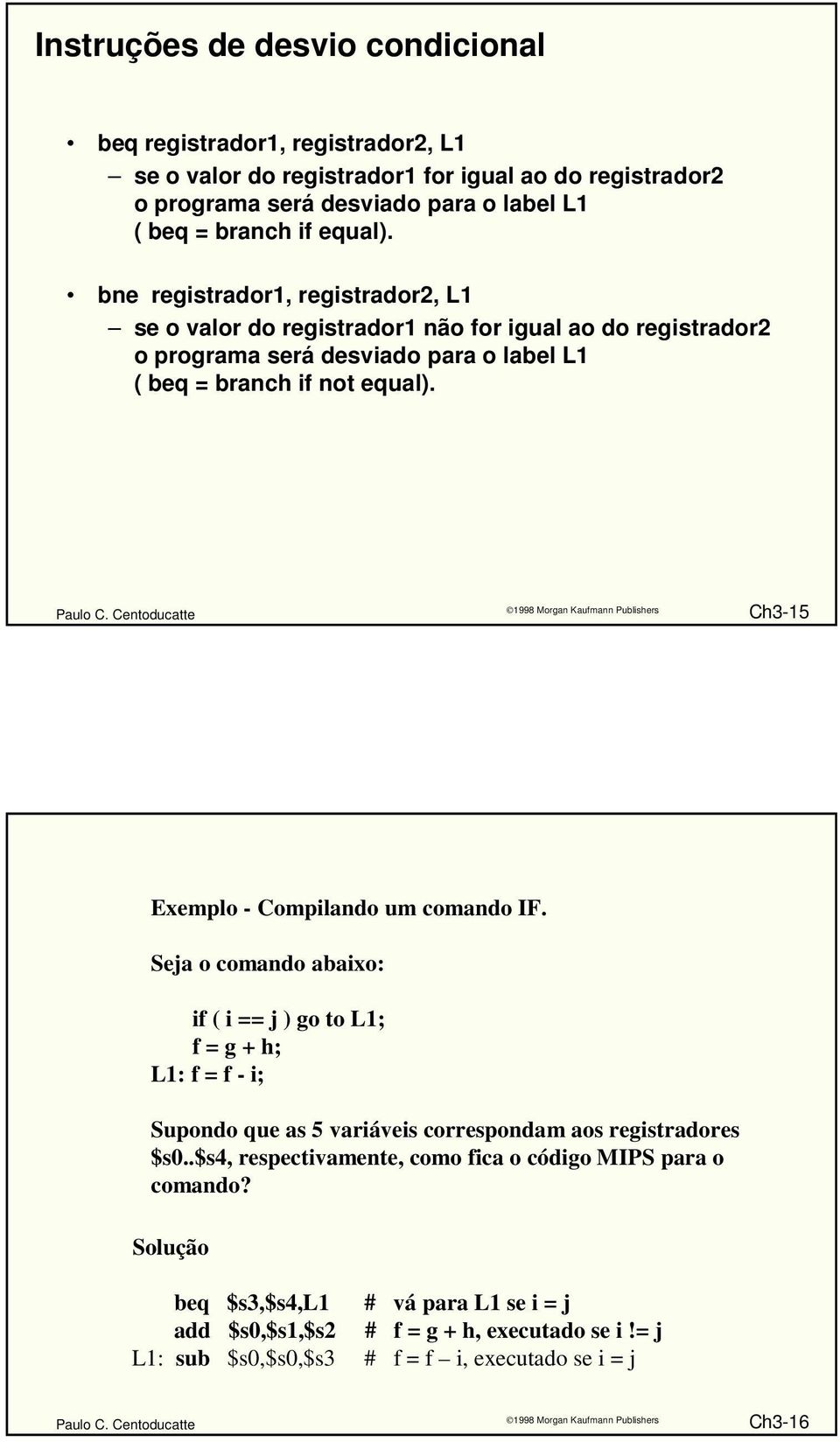 Ch3-15 Exemplo - Compilando um comando IF. Seja o comando abaixo: if ( i == j ) go to L1; f = g + h; L1: f = f - i; Supondo que as 5 variáveis correspondam aos registradores $s0.