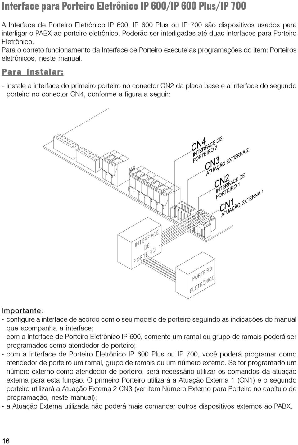 Para instalar: - instale a interface do primeiro porteiro no conector CN2 da placa base e a interface do segundo porteiro no conector CN4, conforme a figura a seguir: Importante: - configure a