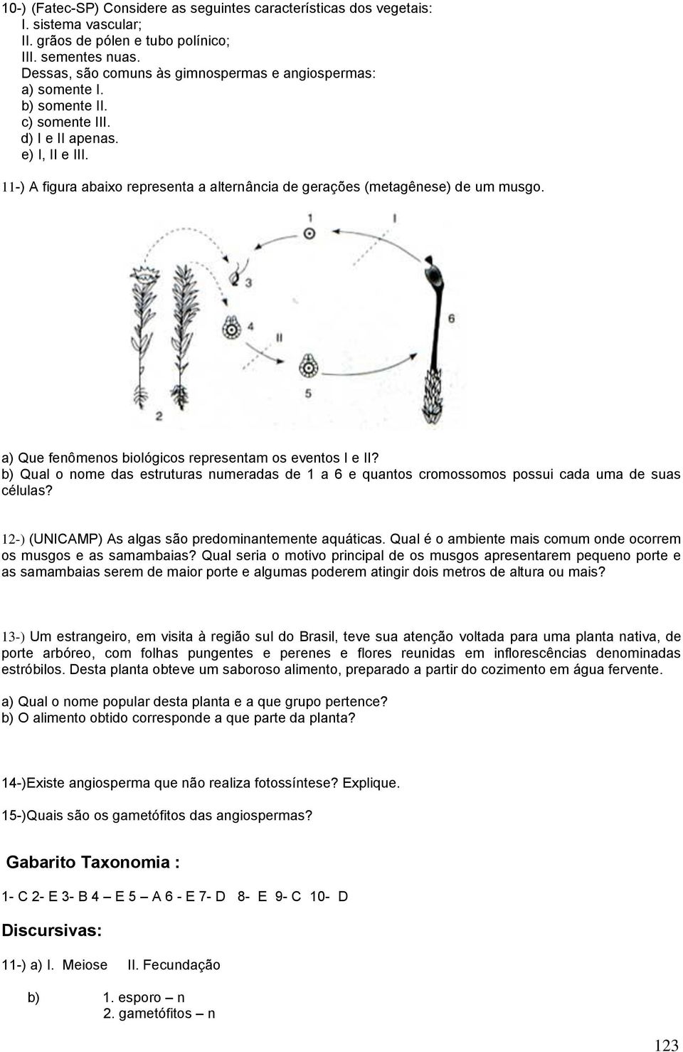 11-) A figura abaixo representa a alternância de gerações (metagênese) de um musgo. a) Que fenômenos biológicos representam os eventos I e II?