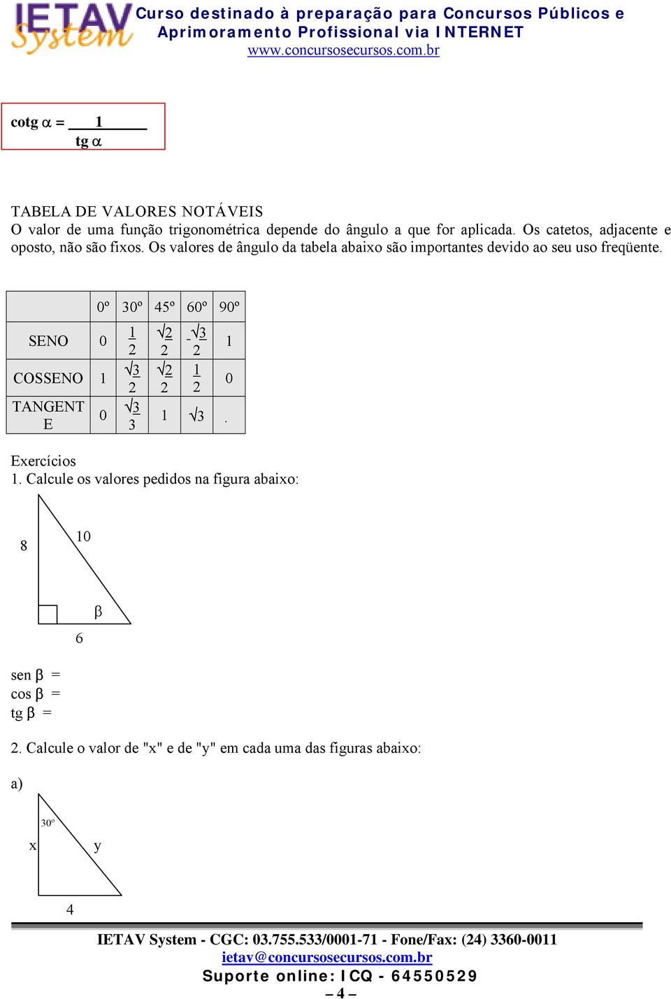 Os valores de ângulo da tabela abaio são importantes devido ao seu uso freqüente.