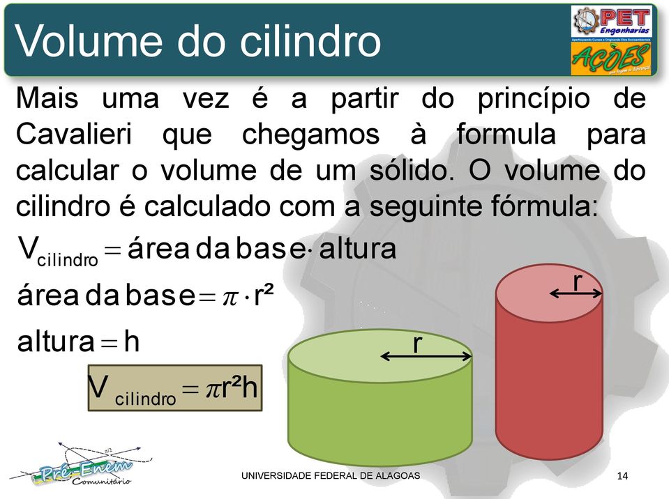 O volume do cilindro é calculado com a seguinte fórmula: cilindro área