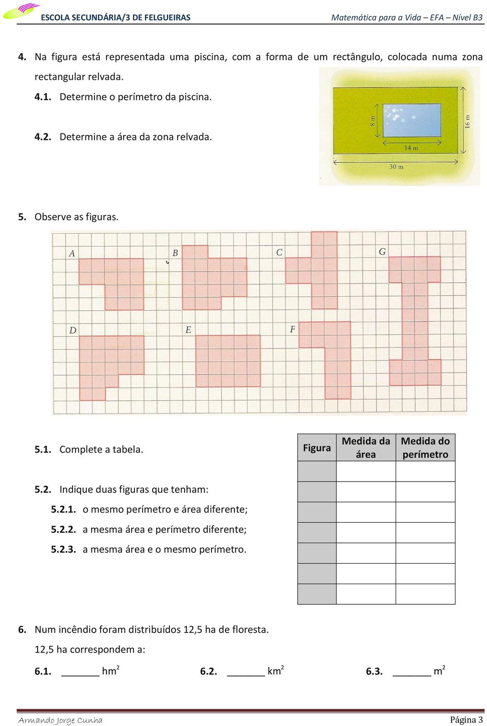 Figura Medida da área Medida do perímetro 5.2. Indique duas figuras que tenham: 5.2.1. o mesmo perímetro e área diferente; 5.2.2. a mesma área e perímetro diferente; 5.