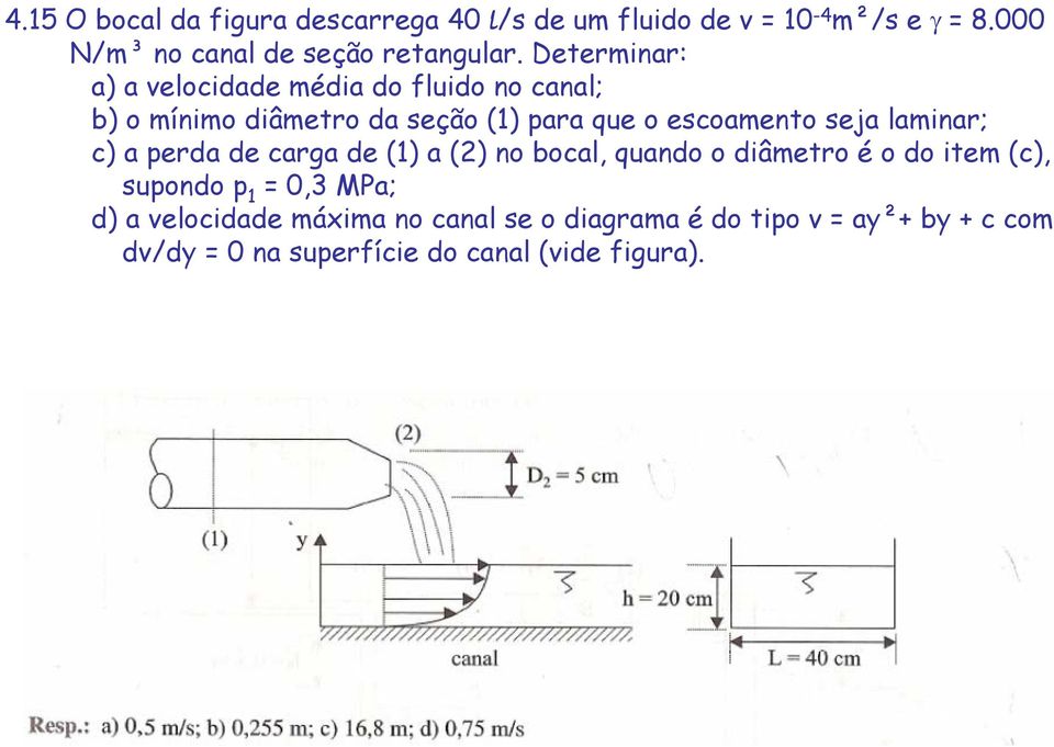 Determinar: a) a elocidade média do fluido no canal; b) o mínimo diâmetro da seção () ara que o escoamento