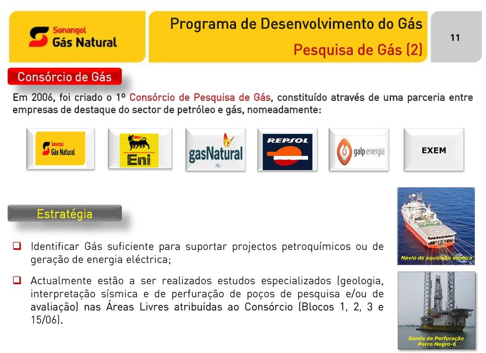 geração de energia eléctrica; Actualmente estão a ser realizados estudos especializados (geologia, interpretação sísmica e de perfuração de poços