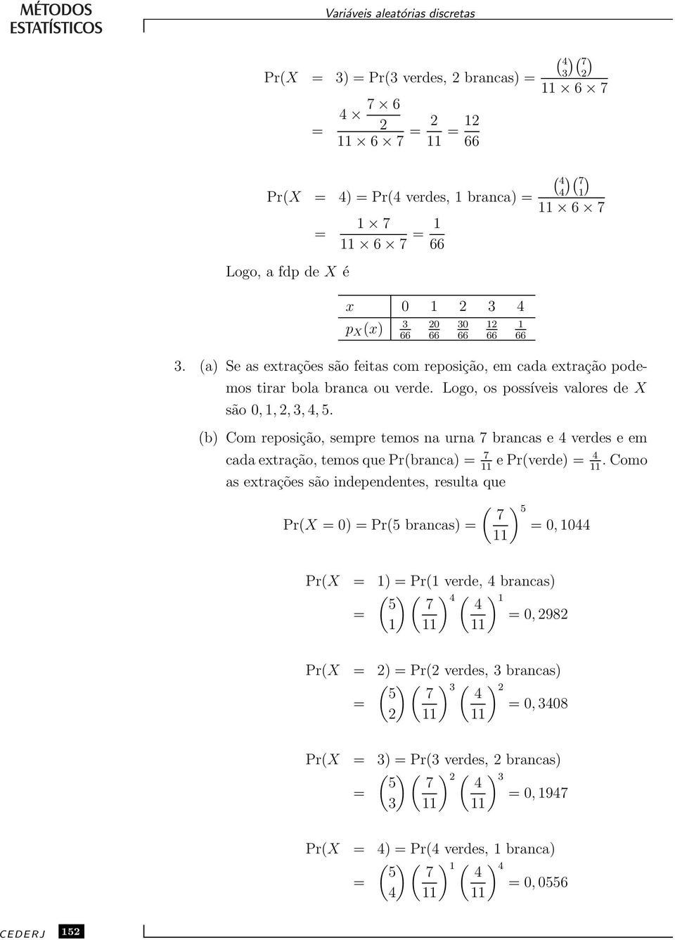 b) Com reposição, sempre temos na urna 7 brancas e 4 verdes e em cada extração, temos que Prbranca) = 7 e Prverde) = 4.