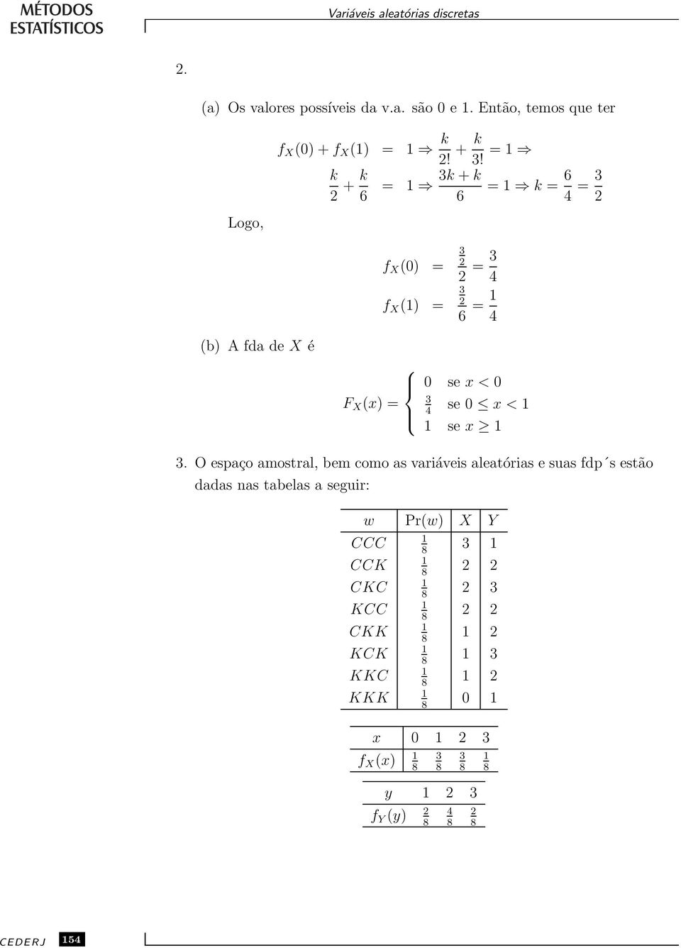 =1 k + k 6 = 1 3k + k =1 k = 6 6 4 = 3 f X 0) = f X 1) = 3 = 3 4 3 6 = 1 4 b) A fda de X é 0 se x<0 3 F X x) = se 0 x<1 4 1 se x 1