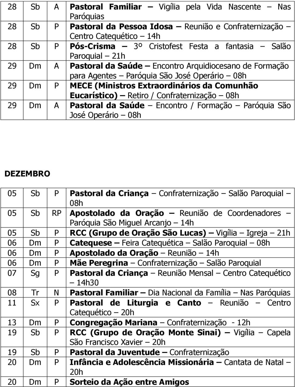 Dm A Pastoral da Saúde Encontro / Formação Paróquia São José Operário DEZEMBRO 05 Sb P Pastoral da Criança Confraternização Salão Paroquial 05 Sb RP Apostolado da Oração Reunião de Coordenadores