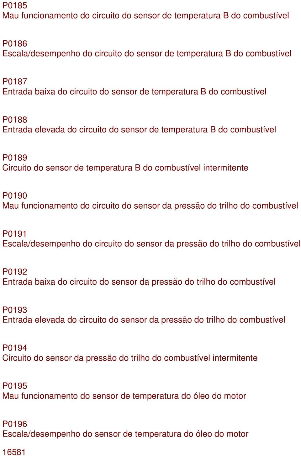 funcionamento do circuito do sensor da pressão do trilho do combustível P0191 Escala/desempenho do circuito do sensor da pressão do trilho do combustível P0192 Entrada baixa do circuito do sensor da