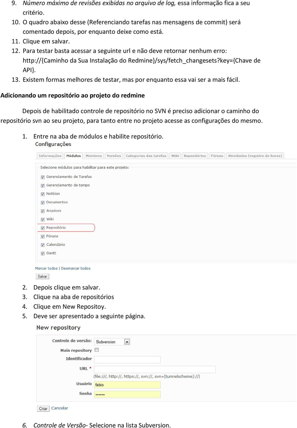 Para testar basta acessar a seguinte url e não deve retornar nenhum erro: http://{caminho da Sua Instalação do Redmine}/sys/fetch_changesets?key={Chave de API}. 13.