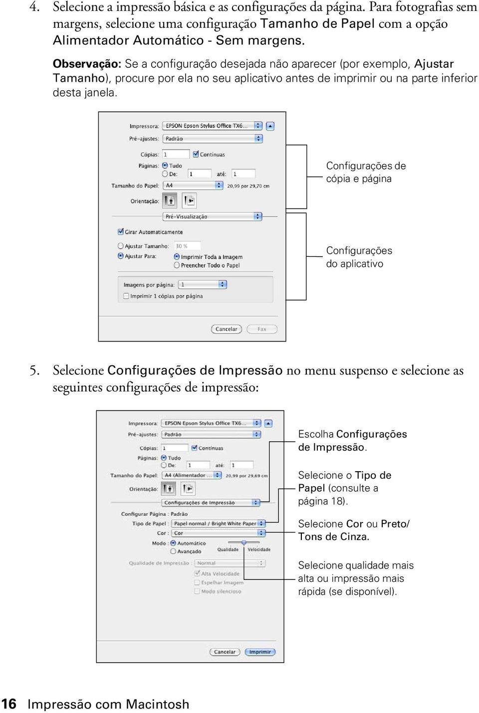 Configurações de cópia e página Configurações do aplicativo 5.