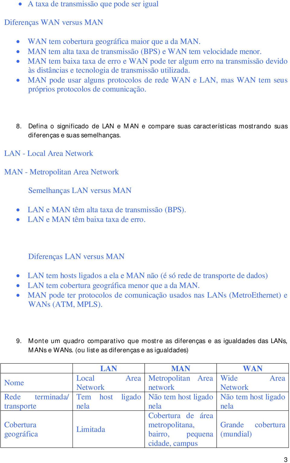 MAN pode usar alguns protocolos de rede WAN e LAN, mas WAN tem seus próprios protocolos de comunicação. 8.