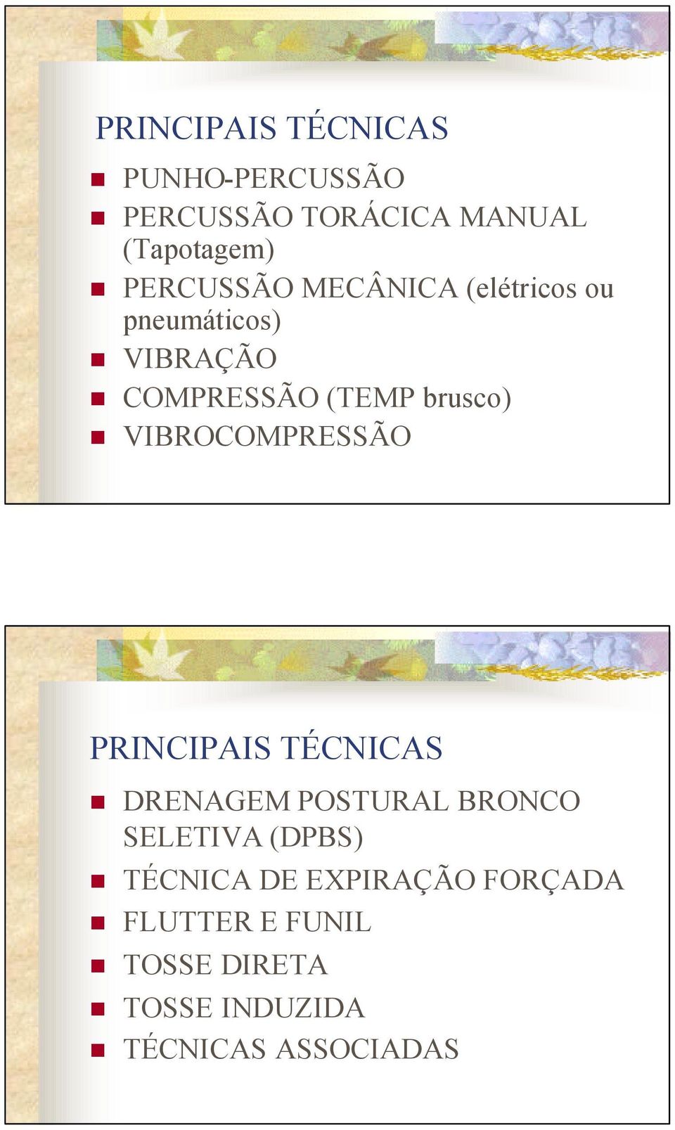 VIBROCOMPRESSÃO PRINCIPAIS TÉCNICAS DRENAGEM POSTURAL BRONCO SELETIVA (DPBS)