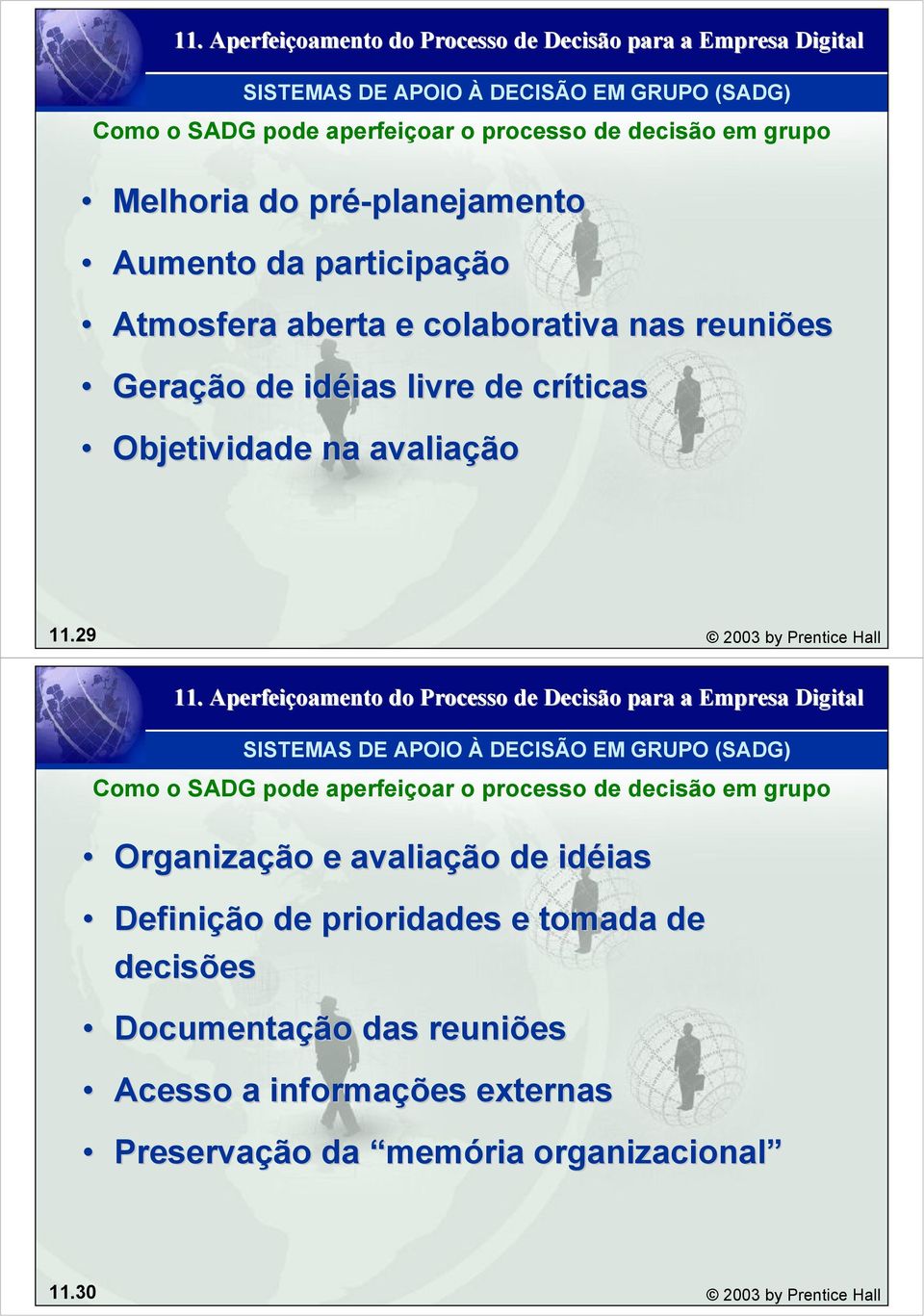 29 2003 by Prentice Hall SISTEMAS DE APOIO À DECISÃO EM GRUPO (SADG) Como o SADG pode aperfeiçoar o processo de decisão em grupo Organização e avaliação