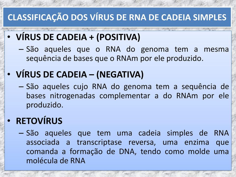 VÍRUS DE CADEIA (NEGATIVA) São aqueles cujo RNA do genoma tem a sequência de bases nitrogenadas complementar a do RNAm