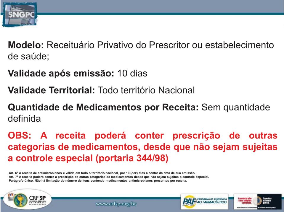 6º A receita de antimicrobianos é válida em todo o território nacional, por 10 (dez) dias a contar da data de sua emissão. Art.