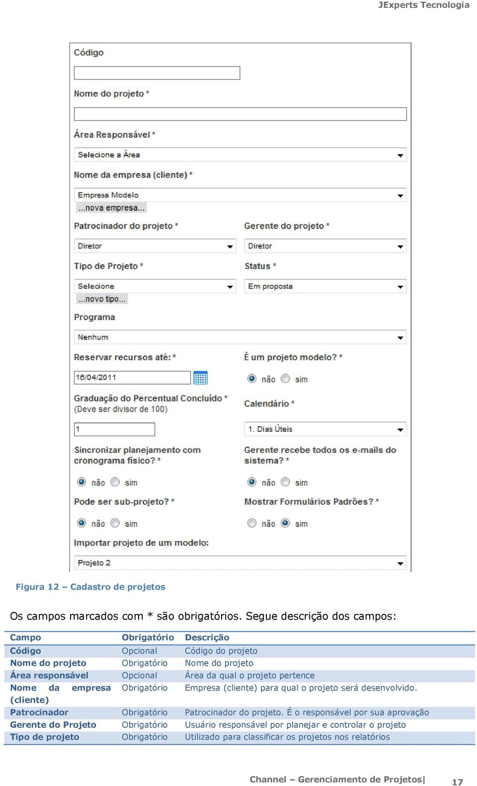 Área da qual o projeto pertence Nome da empresa Obrigatório Empresa (cliente) para qual o projeto será desenvolvido.