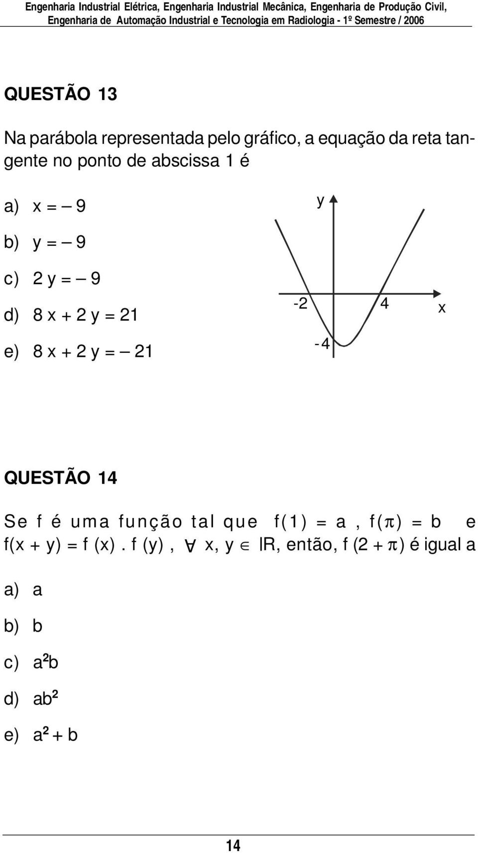 ponto de abscissa 1 é a) x = 9 y b) y = 9 c) 2 y = 9 d) 8 x + 2 y = 21 e) 8 x + 2 y = 21-2 4-4 x QUSTÃO 14 Se f é uma função