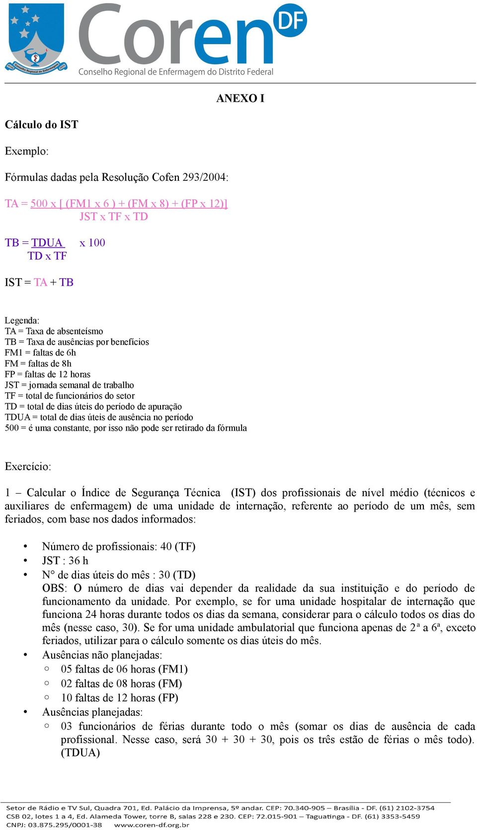 úteis do período de apuração TDUA = total de dias úteis de ausência no período 500 = é uma constante, por isso não pode ser retirado da fórmula Exercício: 1 Calcular o Índice de Segurança Técnica