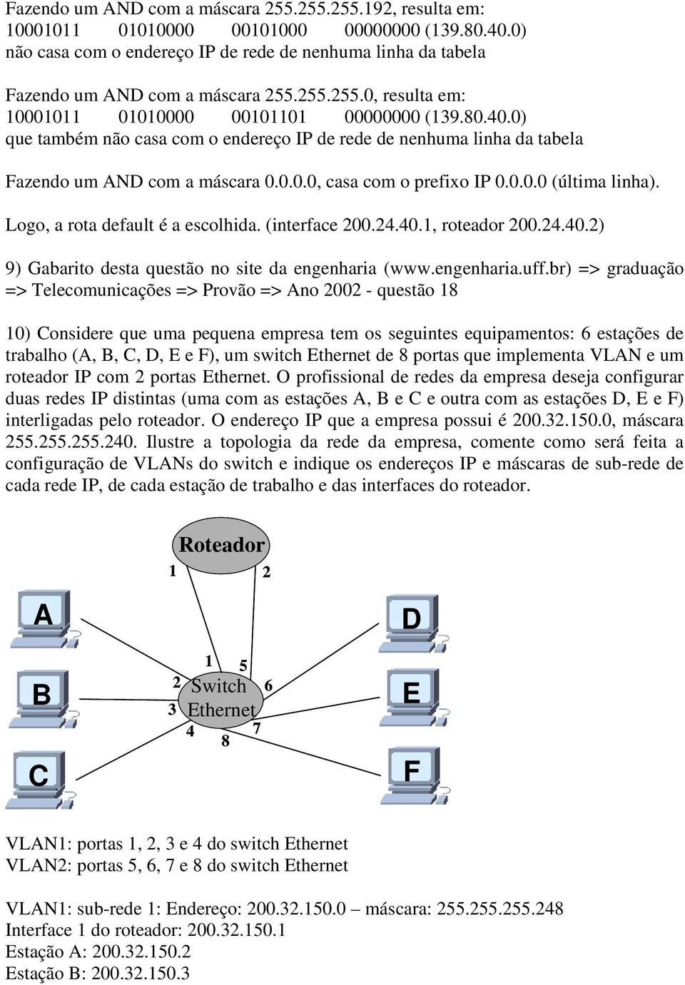 br) => graduação => Telecomunicações => Provão => no questão 8 ) onsidere que uma pequena empresa tem os seguintes equipamentos: 6 estações de trabalho (,,, D, E e F), um switch Ethernet de 8 portas