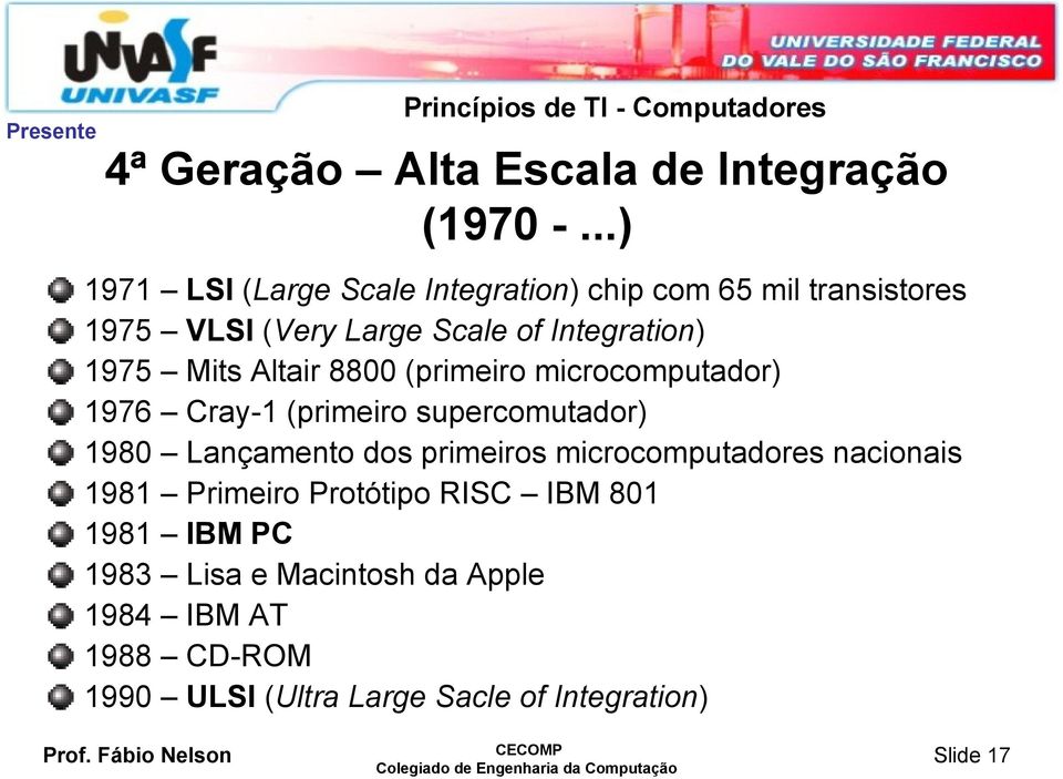 Mits Altair 8800 (primeiro microcomputador) 1976 Cray-1 (primeiro supercomutador) 1980 Lançamento dos primeiros