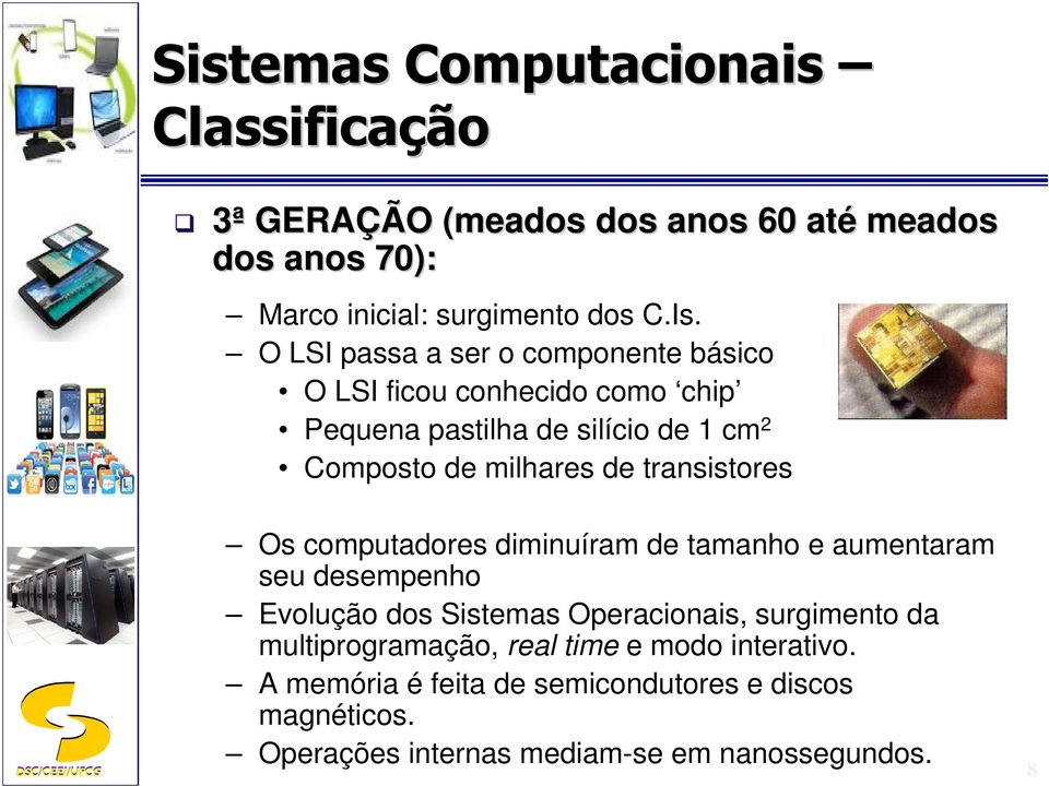 de transistores Os computadores diminuíram de tamanho e aumentaram seu desempenho Evolução dos Sistemas Operacionais, surgimento
