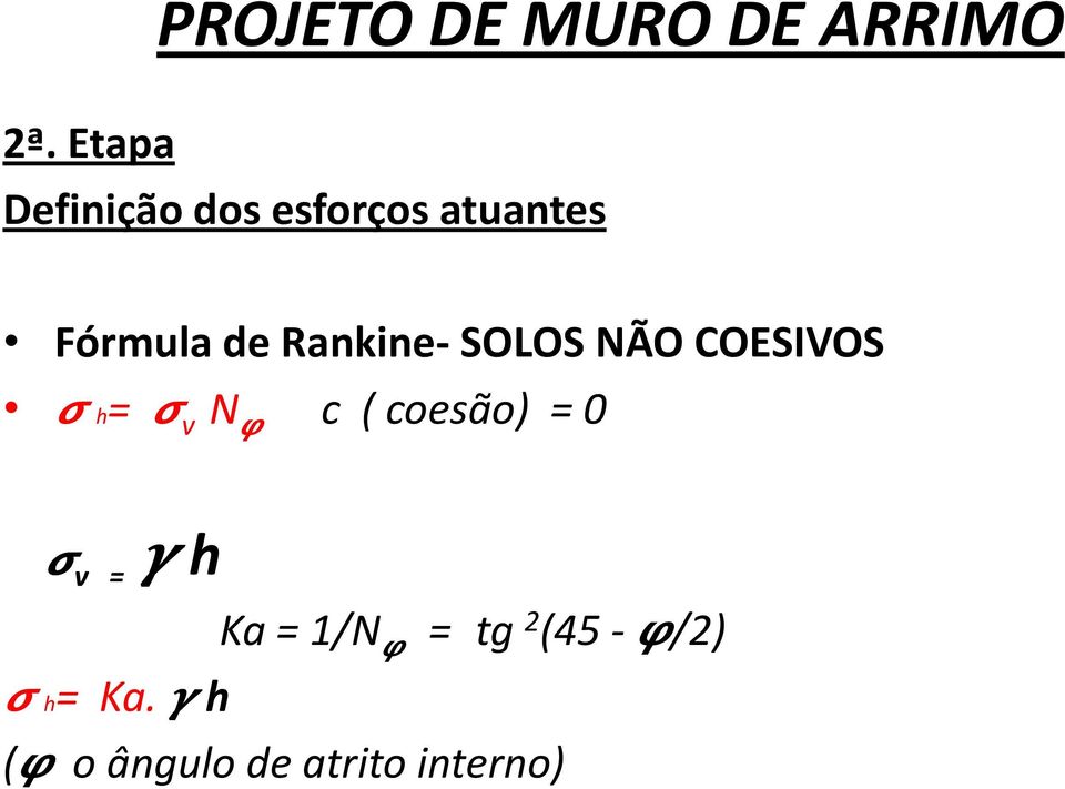 COESIVOS h= v N c ( coesão) = 0 v = h Ka = 1/N =