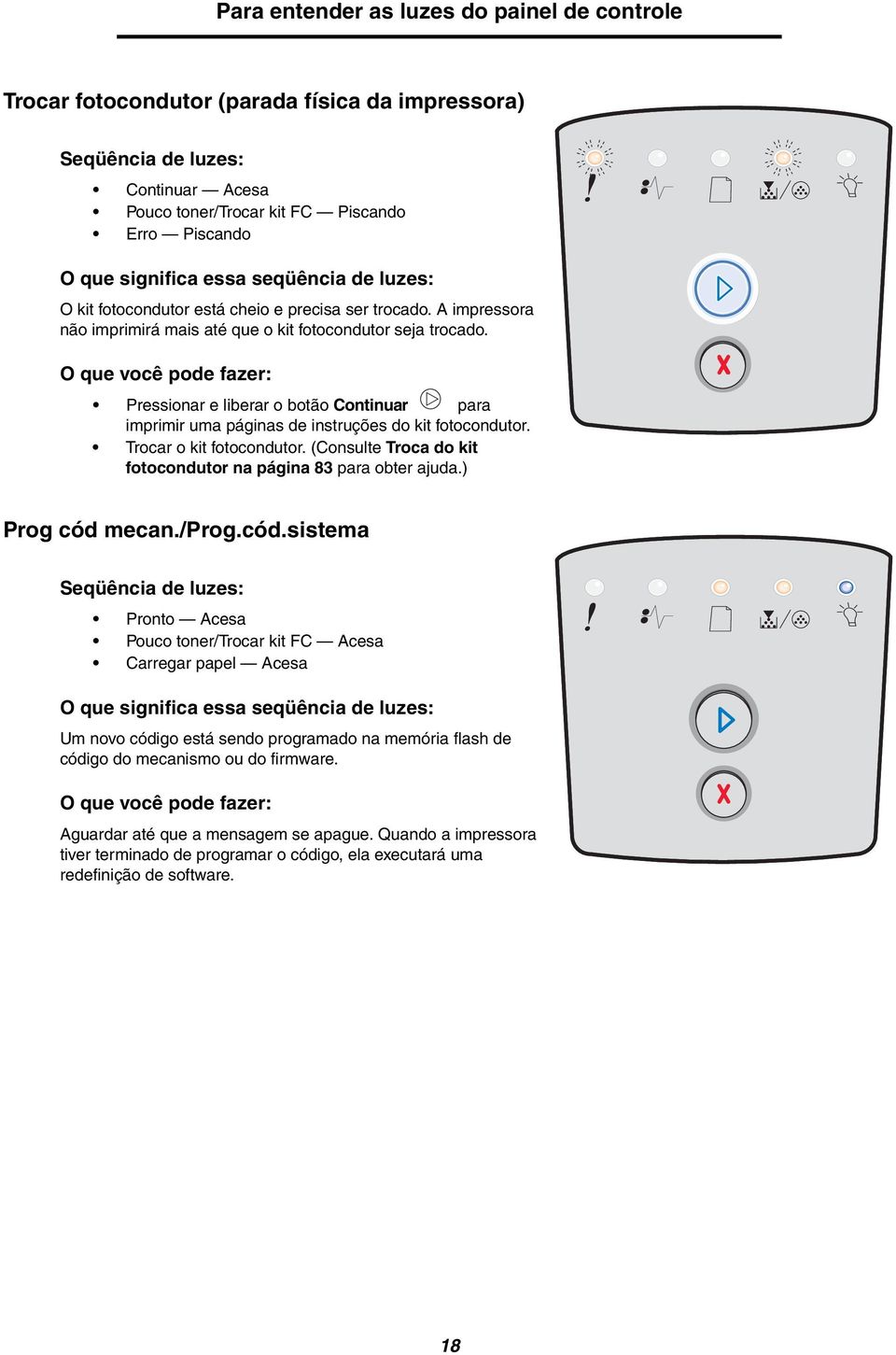 O que você pode fazer: Pressionar e liberar o botão Continuar para imprimir uma páginas de instruções do kit fotocondutor. Trocar o kit fotocondutor.