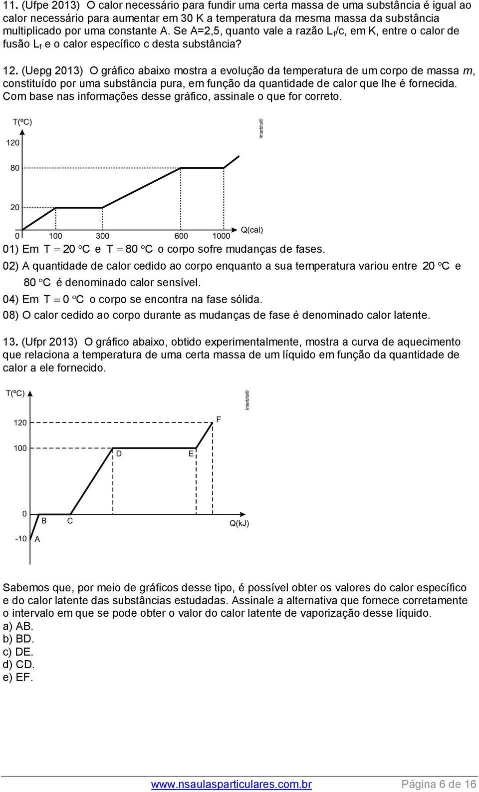 (Uepg 2013) O gráfico abaixo mostra a evolução da temperatura de um corpo de massa m, constituído por uma substância pura, em função da quantidade de calor que lhe é fornecida.