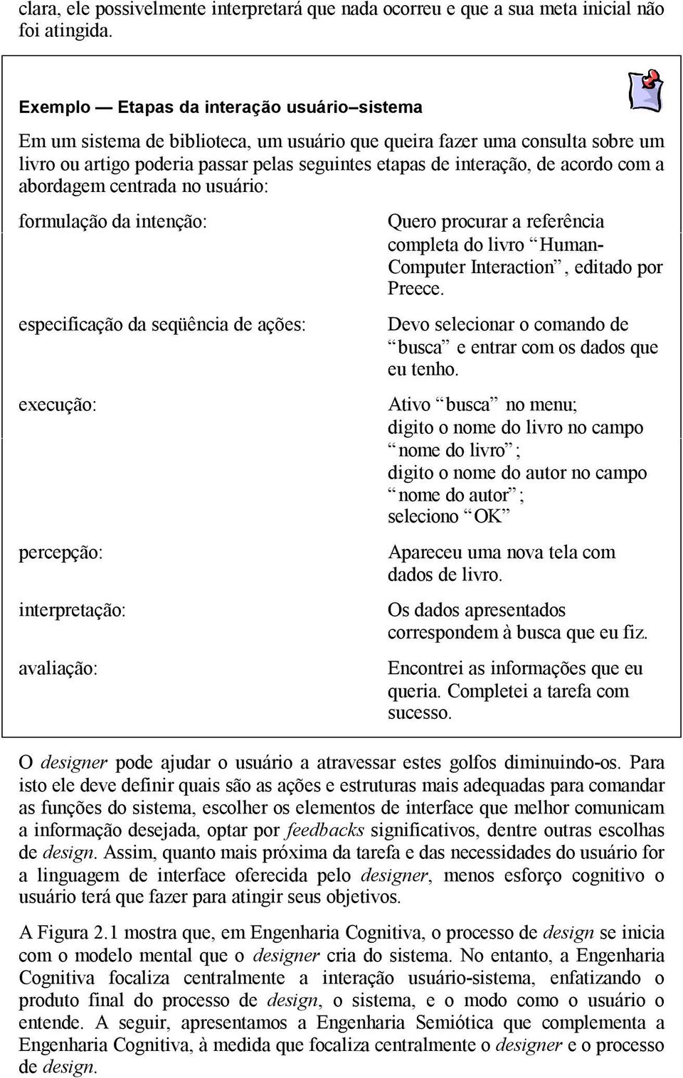 acordo com a abordagem centrada no usuário: formulação da intenção: especificação da seqüência de ações: execução: percepção: interpretação: avaliação: Quero procurar a referência completa do livro