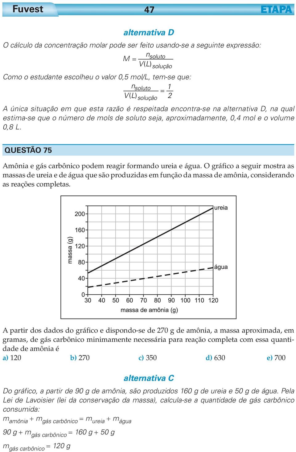 QUESTÃO 75 Amônia e gás carbônico podem reagir formando ureia e água.