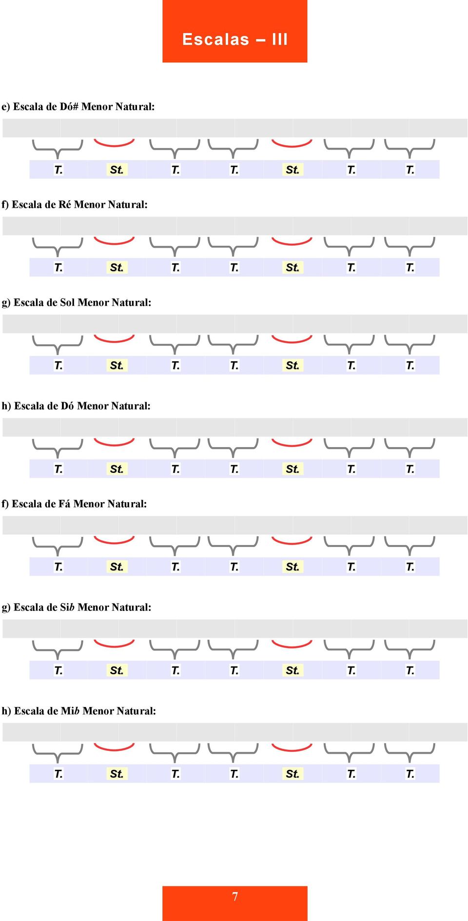 Dó Menor Natural: f) Escala de Fá Menor Natural: g)