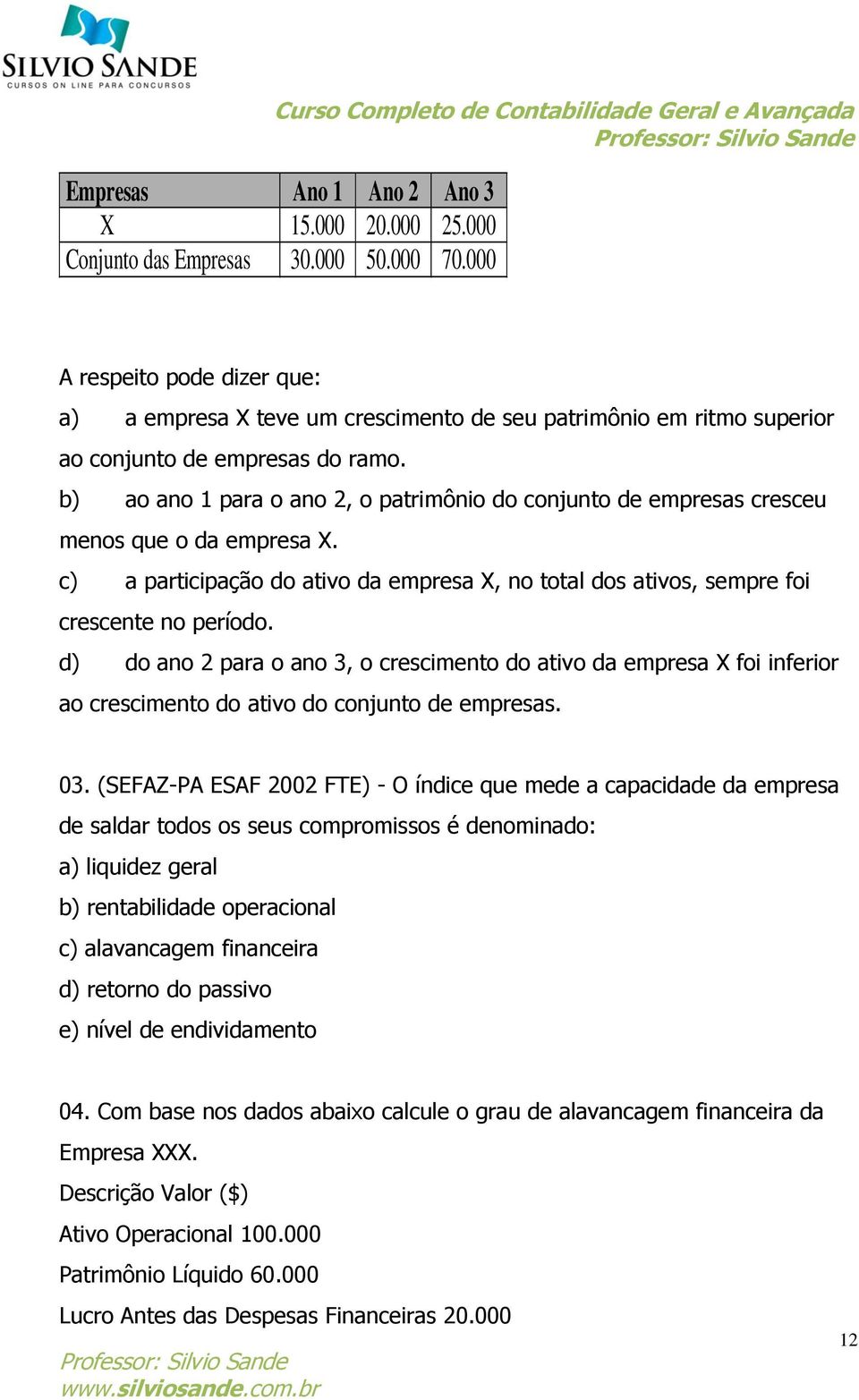 b) ao ano 1 para o ano 2, o patrimônio do conjunto de empresas cresceu menos que o da empresa X. c) a participação do ativo da empresa X, no total dos ativos, sempre foi crescente no período.