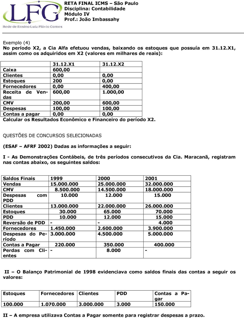 000,00 CMV 200,00 600,00 Despesas 100,00 100,00 Contas a pagar 0,00 0,00 Calcular os Resultados Econômico e Financeiro do período X2.