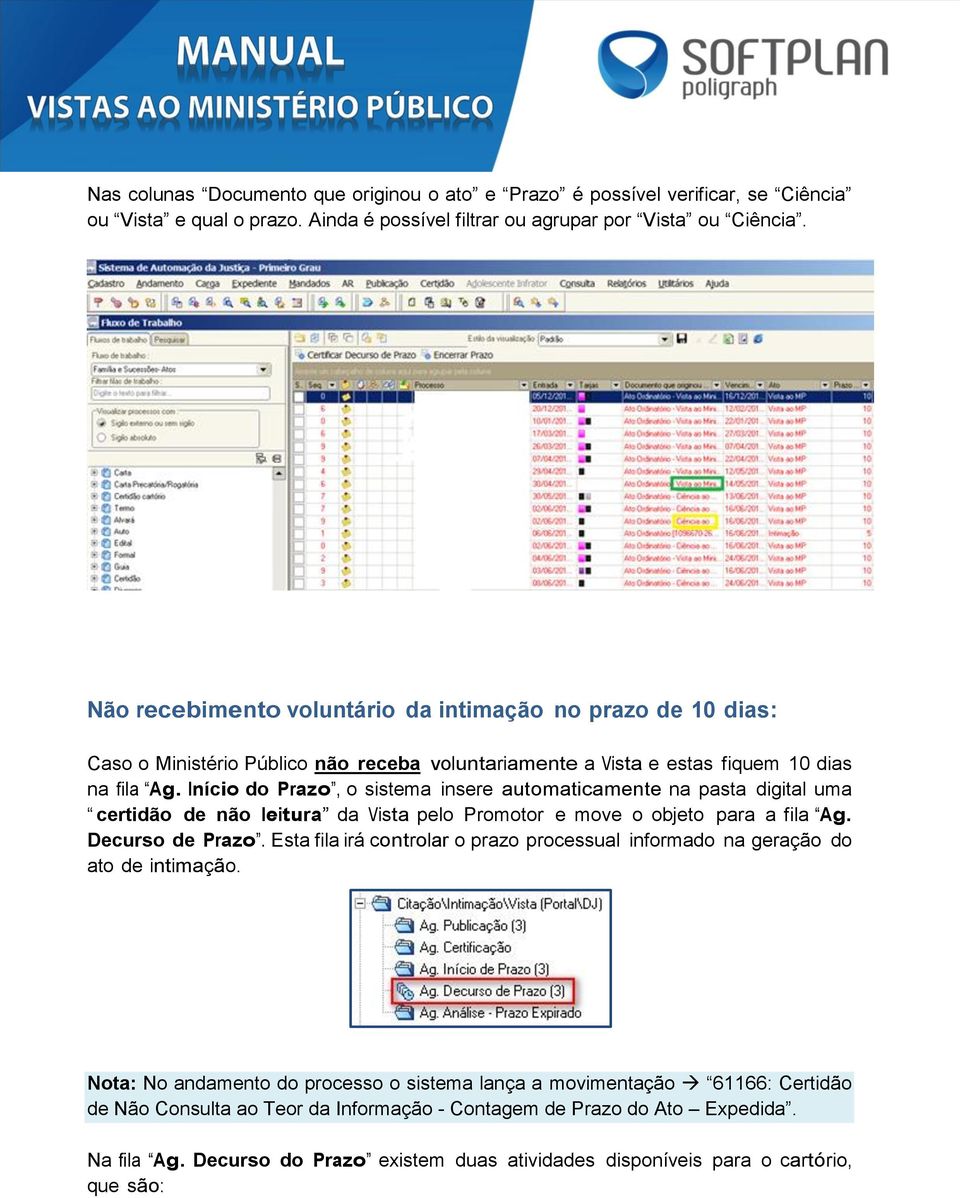 Início do Prazo, o sistema insere automaticamente na pasta digital uma certidão de não leitura da Vista pelo Promotor e move o objeto para a fila Ag. Decurso de Prazo.