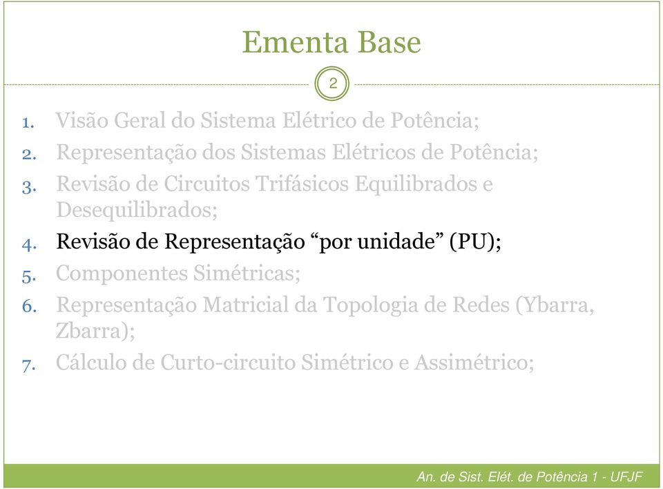 Revisão de Representação por unidade (PU); 5. Componentes imétricas; Ementa Base 6.