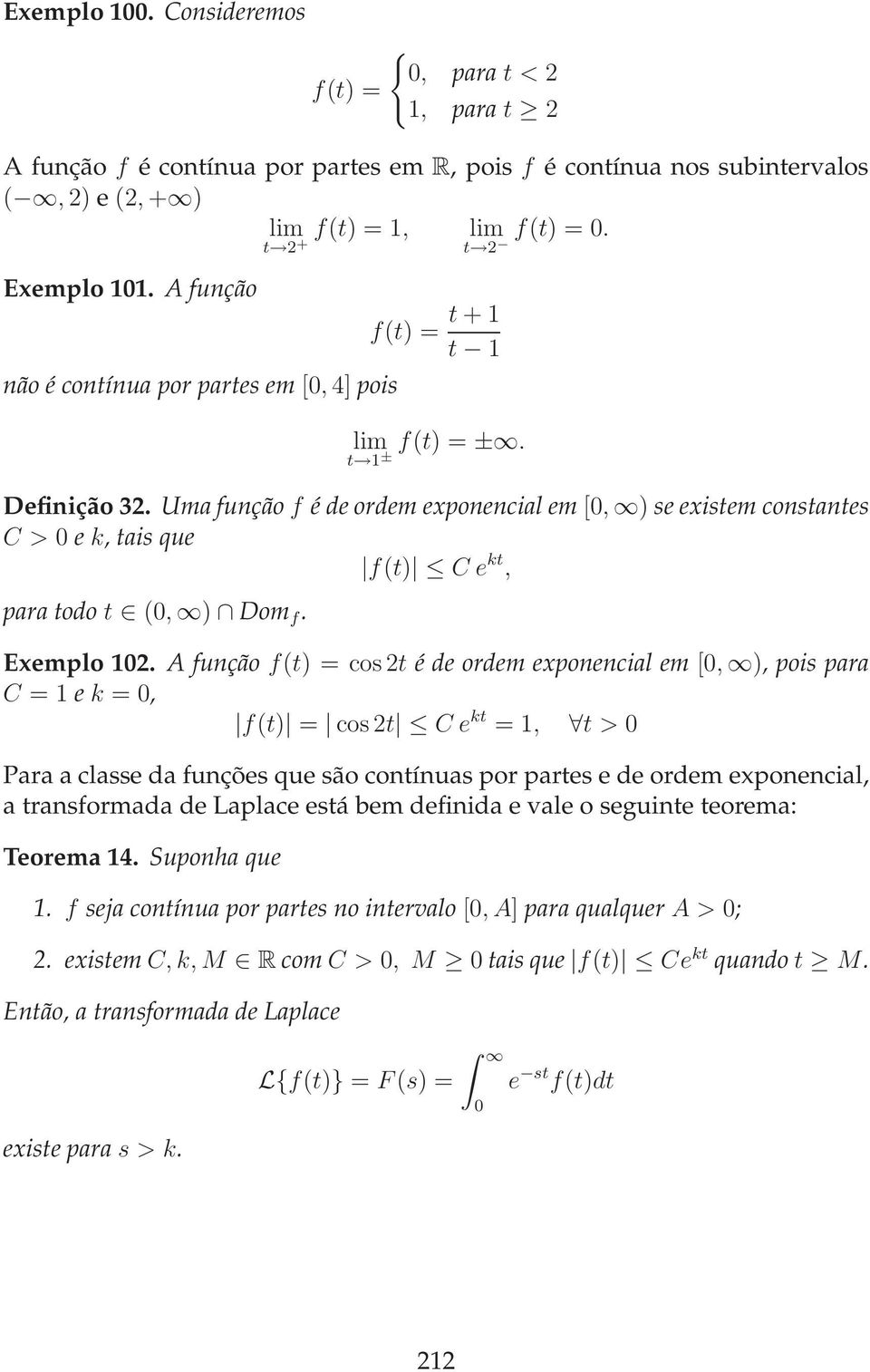 Uma função f é de ordem exponencial em [, ) se existem constantes C > e k, tais que f(t) C e kt, para todo t (, ) Dom f. Exemplo 2.