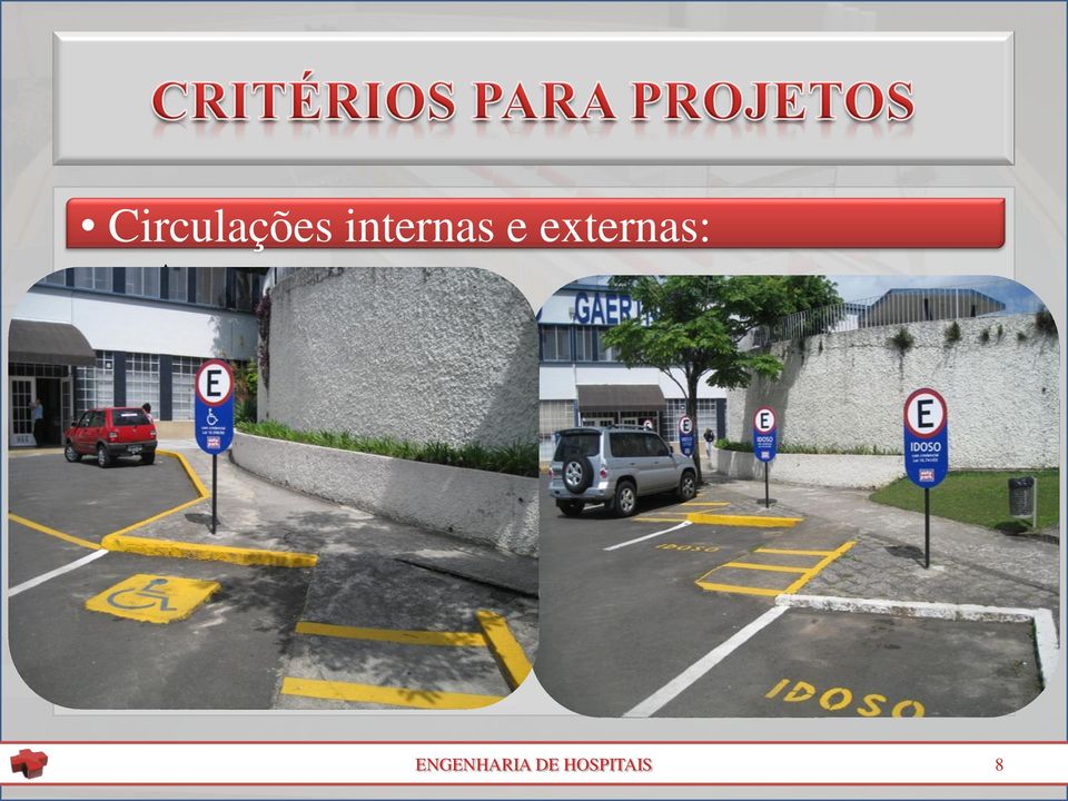 Estacionamentos: Área mínima de 12m²; Rampas facilitar o