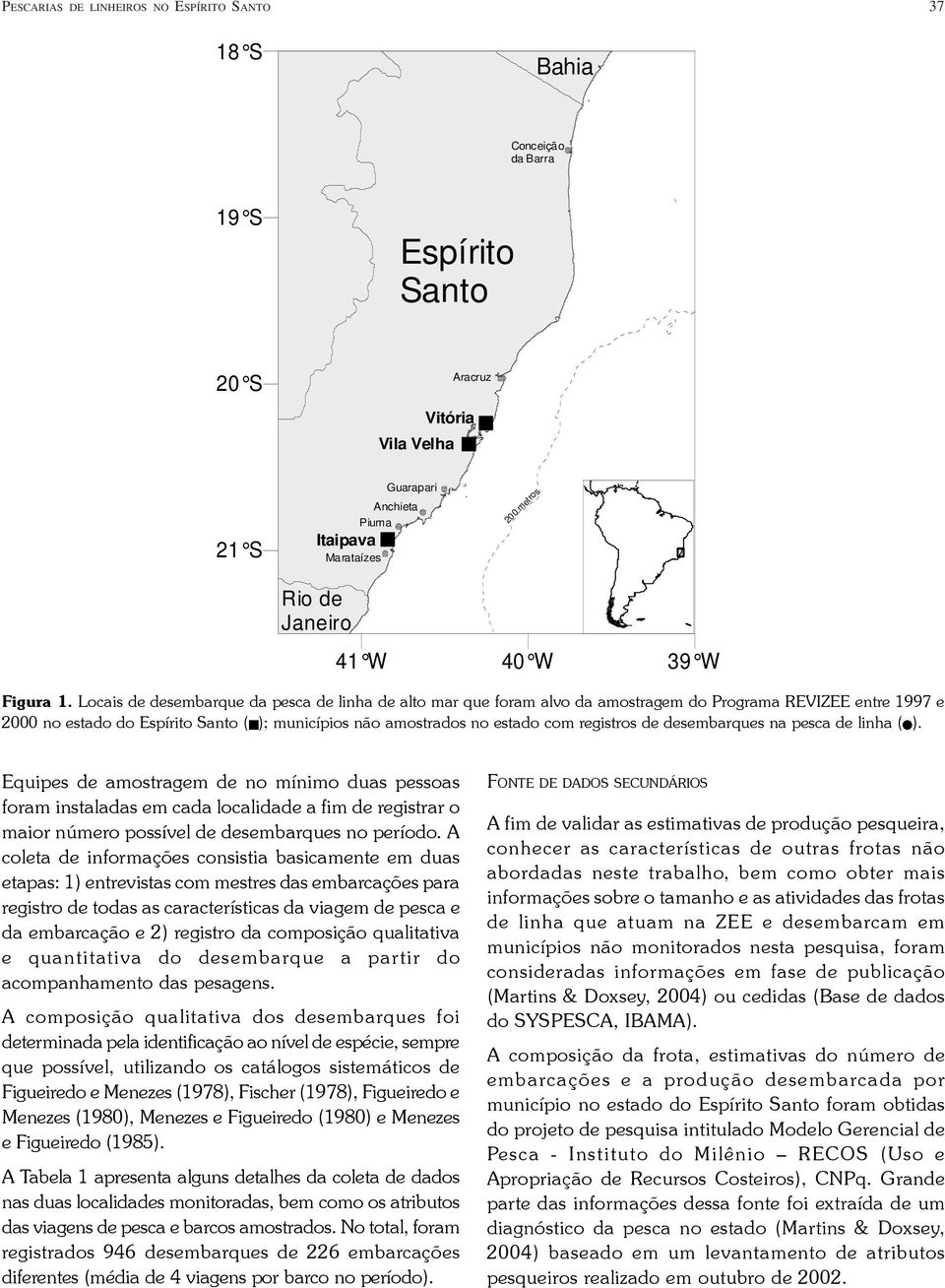 Locais de desembarque da pesca de linha de alto mar que foram alvo da amostragem do Programa REVIZEE entre 1997 e 2 no estado do Espírito Santo ( ); municípios não amostrados no estado com registros