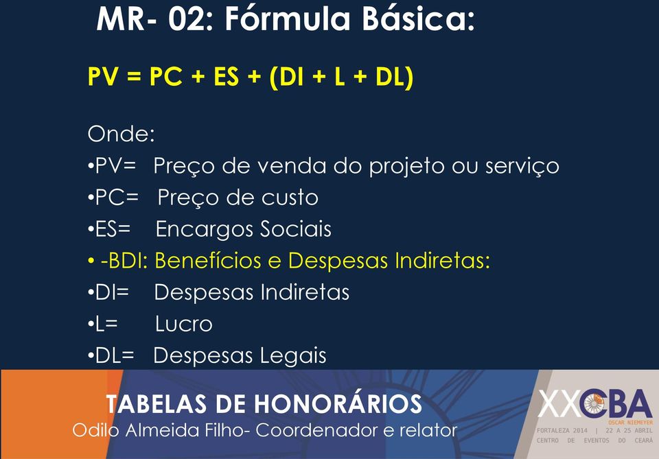 de custo ES= Encargos Sociais -BDI: Benefícios e Despesas