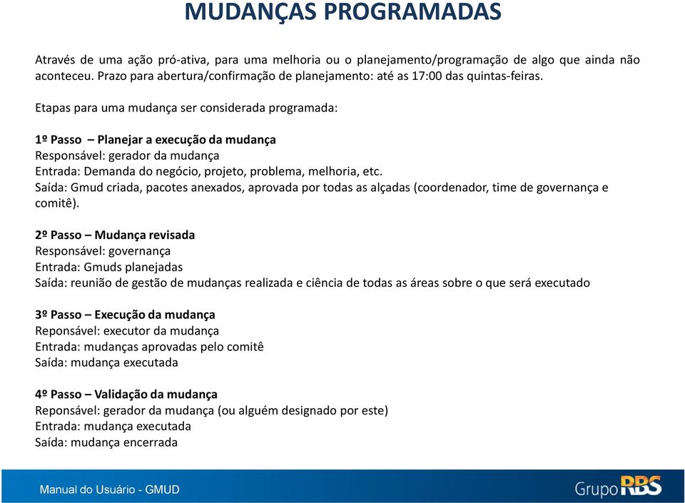 Etapas para uma mudança ser considerada programada: 1º Passo Planejar a execução da mudança Responsável: gerador da mudança Entrada: Demanda do negócio, projeto, problema, melhoria, etc.