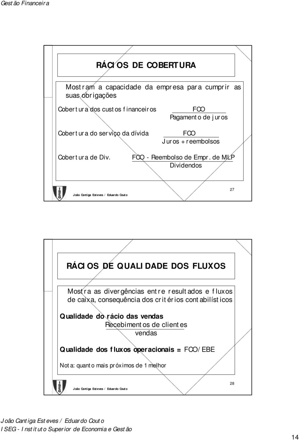 de MLP Dividendos 27 RÁCIOS DE QUALIDADE DOS FLUXOS Mostra as divergências entre resultados e fluxos de caixa, consequência dos