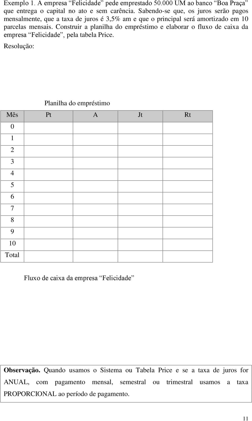 Construir a planilha do empréstimo e elaborar o fluxo de caixa da empresa Felicidade, pela tabela Price.