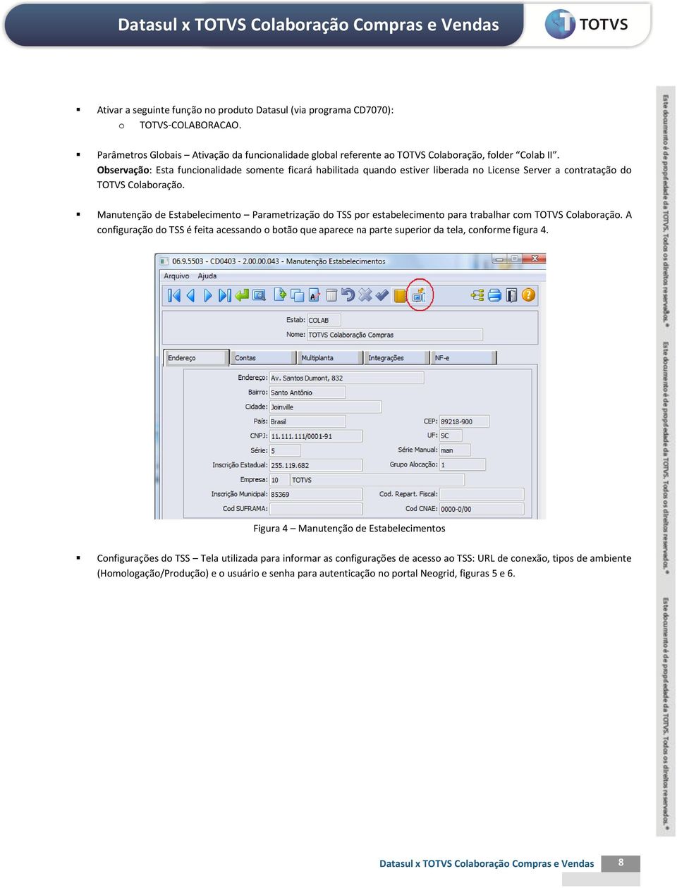 Manutenção de Estabelecimento Parametrização do TSS por estabelecimento para trabalhar com TOTVS Colaboração.