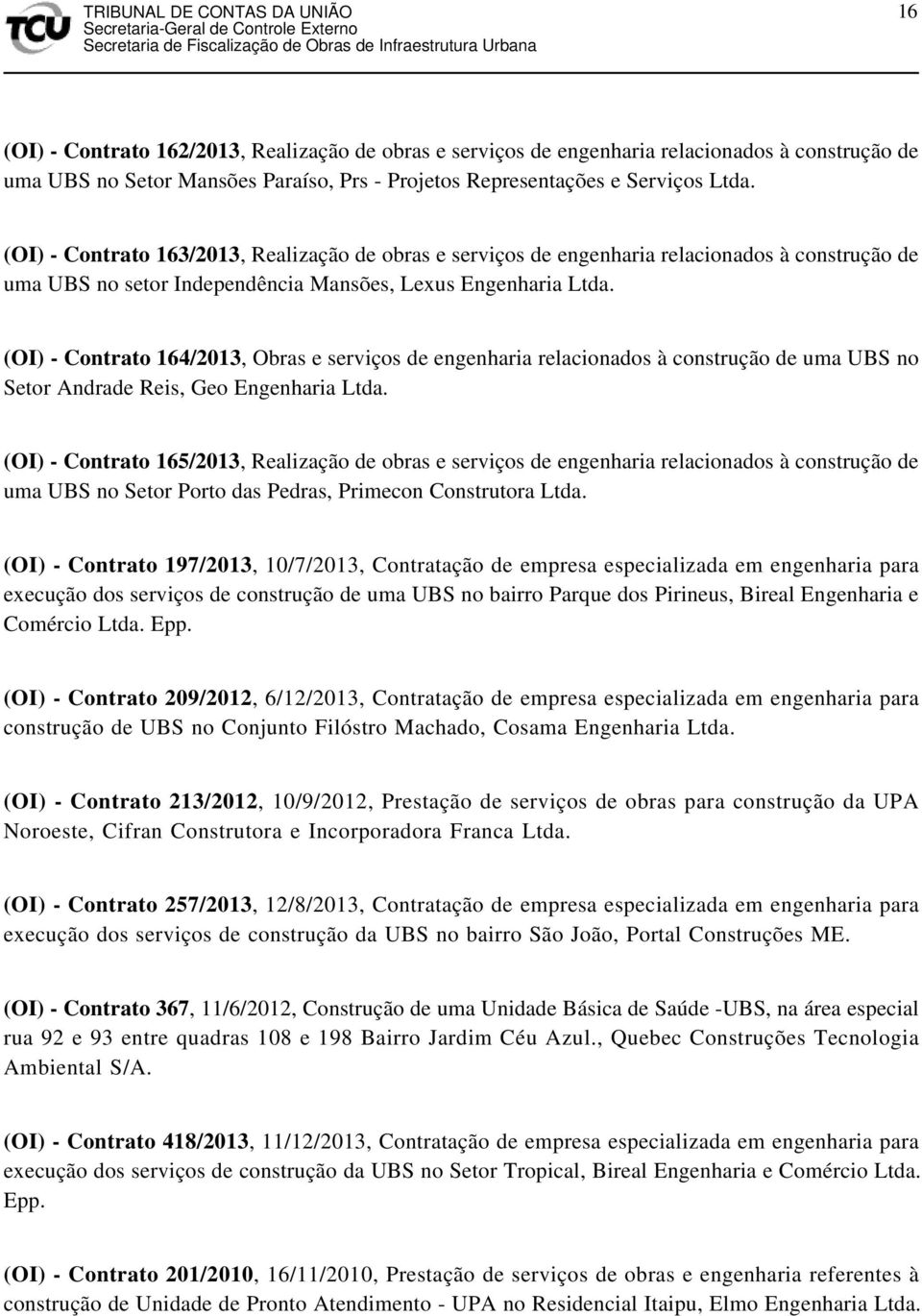 (OI) - Contrato 164/2013, Obras e serviços de engenharia relacionados à construção de uma UBS no Setor Andrade Reis, Geo Engenharia Ltda.