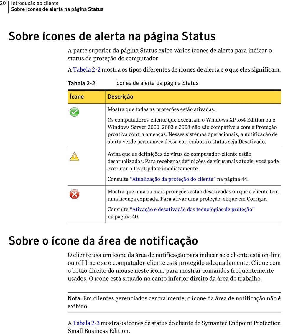 Tabela 2-2 Ícone Ícones de alerta da página Status Descrição Mostra que todas as proteções estão ativadas.